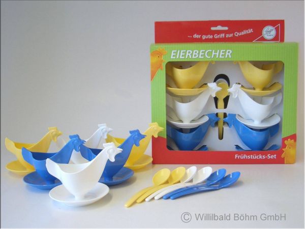 Sonja Plastic Frühstücksset Eierbecher Huhn mit Löffel, 12-teilig
