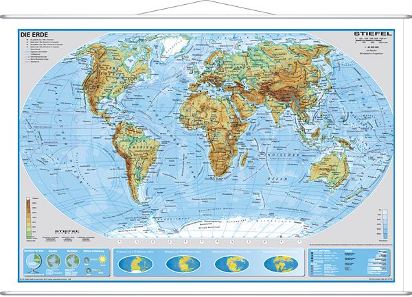 Stiefel Weltkarte Erde physisch mit Metallleiste 97 x 67 cm