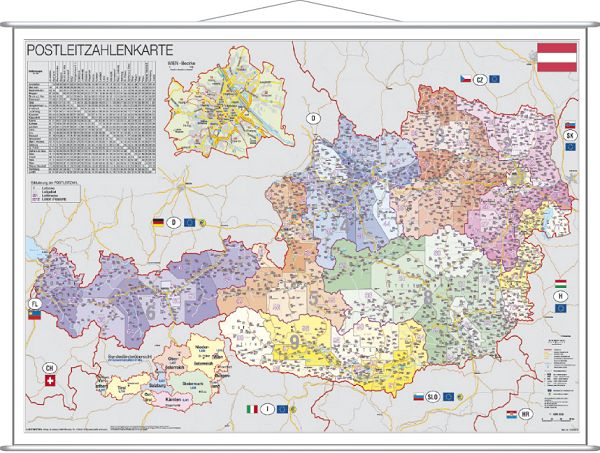 Stiefel Wandkarte Österreich Postleitzahlen mit Metallleiste