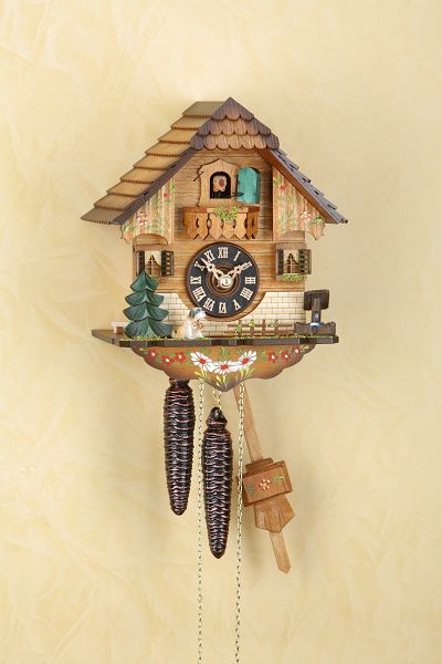 Mechanische Kuckucksuhr 22cm Schwarzwaldhaus handbemalt mit 1 Tag Kettenzugwerk