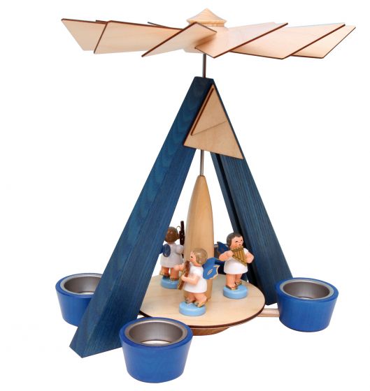 Teelichtpyramide blau mit drei Engeln mit Instrumenten Uhlig Gutes aus Deutschland