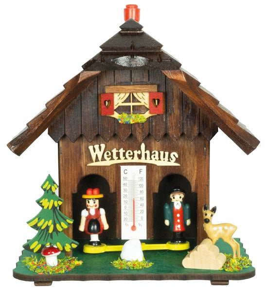 Wetterhaus Schwarzwald 14cm dunkel mit Holzfiguren