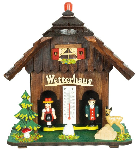 Wetterhaus Schwarzwald 14cm dunkel mit Holzfiguren