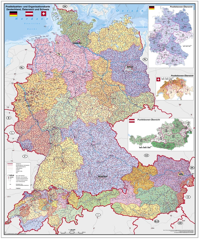 Stiefel Wandkarte DACH Region PLZ mit Metallleiste