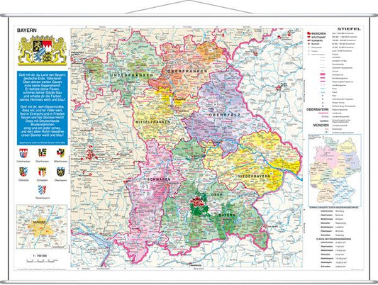 Stiefel Wandkarte Bayern politisch Postleitzahlenmit Metallleiste 91 x 67 cm