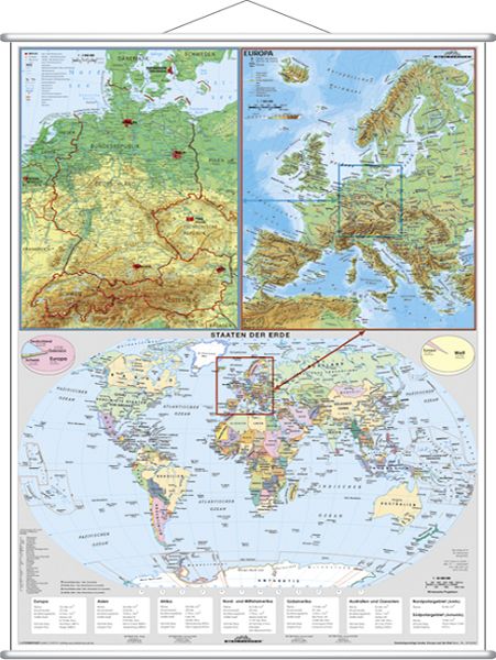 Stiefel Wandkarte Deutschsprachige Länder, Europa und die Welt mit Metallleiste